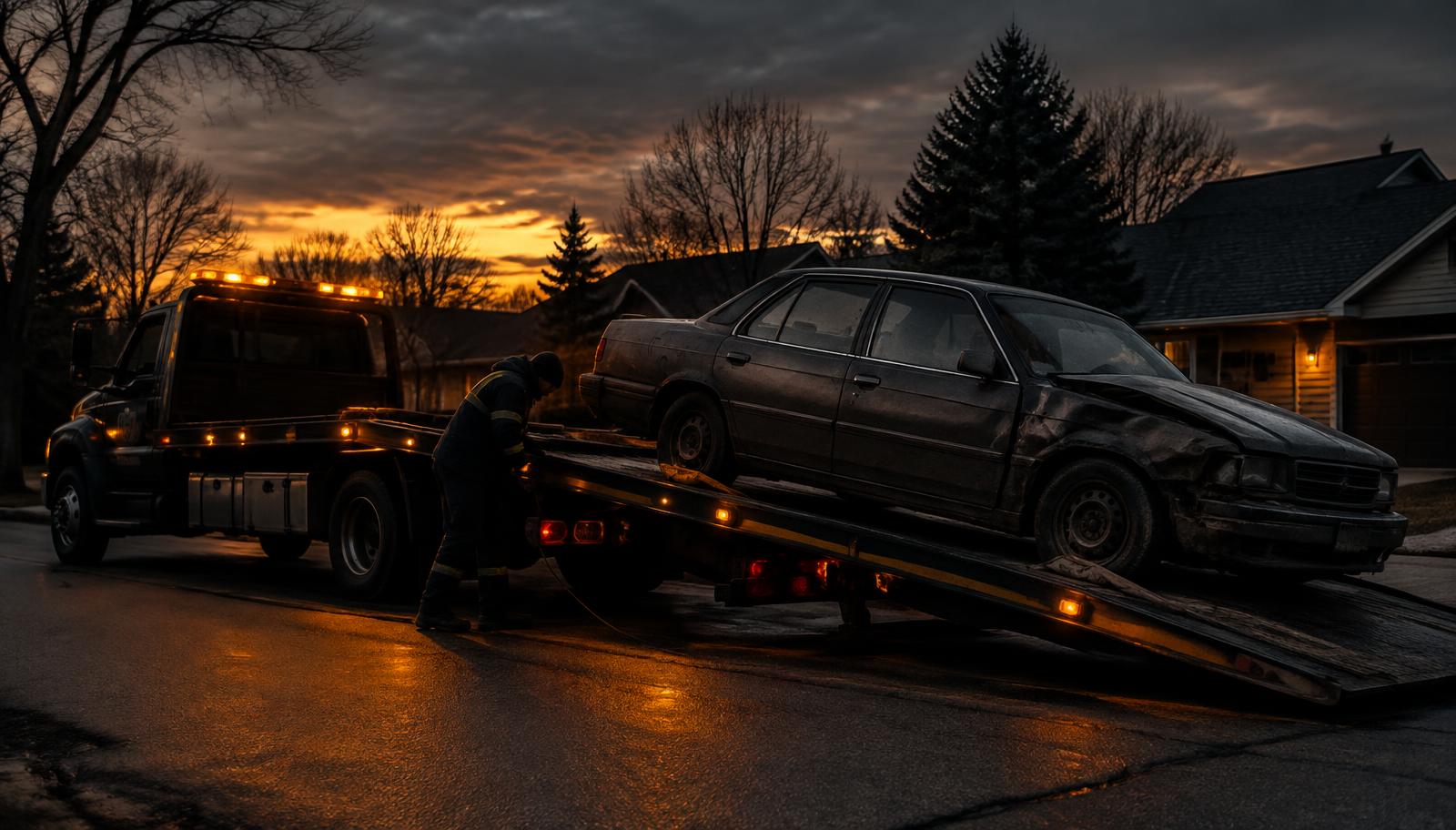 Tow truck loading a damaged sedan onto a flatbed at dusk